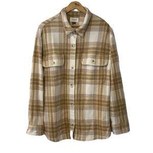 American Eagle Plaid Shirt Jacket Shacket Beige Tan Pink L Large Cozy Flannel